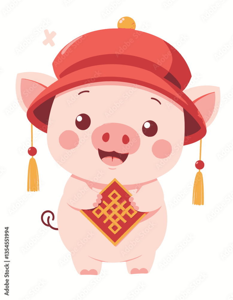 Cute pig cartoon with red hat holding lucky knot Cute pig cartoon with red hat holding lucky knot