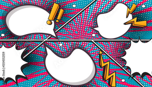 Colorful Retro Comic Explosion Background with Pop Art Style, Halftone Dots, Speech Bubbles, and Dynamic Action Bursts, Featuring a Set of Vibrant Comic Page Frames and blank Conversation Panels