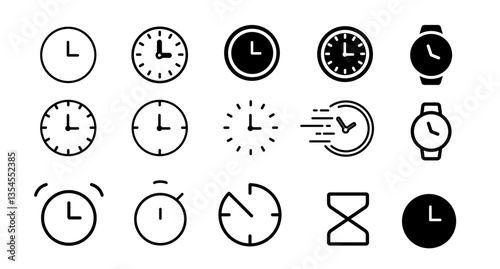 clock icon set. Line and glyph clock. Time symbol.