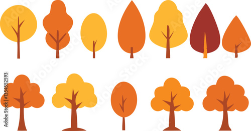 A collection of flat, cartoon-style autumn trees in various shades of orange, yellow, and brown.