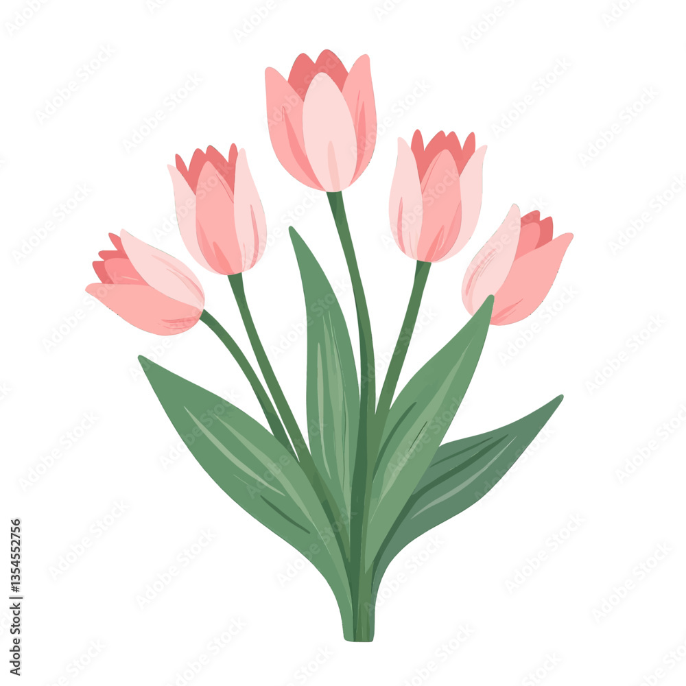 Five pink tulips with green leaves on white background Five pink tulips with green leaves on white background