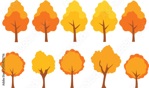 A collection of flat, cartoon-style autumn trees in various shades of orange, yellow, and brown.