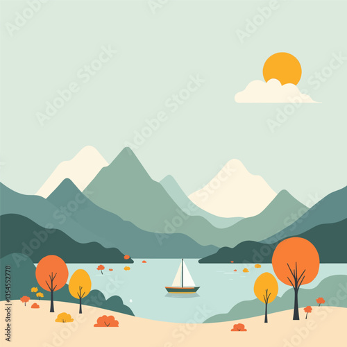 Flat Illustration: Autumnal Lake, Mountains and Sailboat