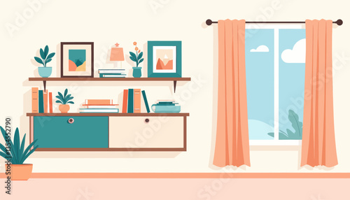 Flat Vector Home Interior with Shelves and Peach Curtains