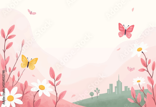 Floral Bliss with Butterflies and Cityscape Silhouette