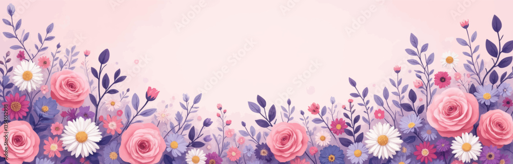 Floral spring border art with roses and daisies on pink background