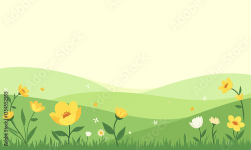 Floral meadow with grassy knolls, vector backdrop