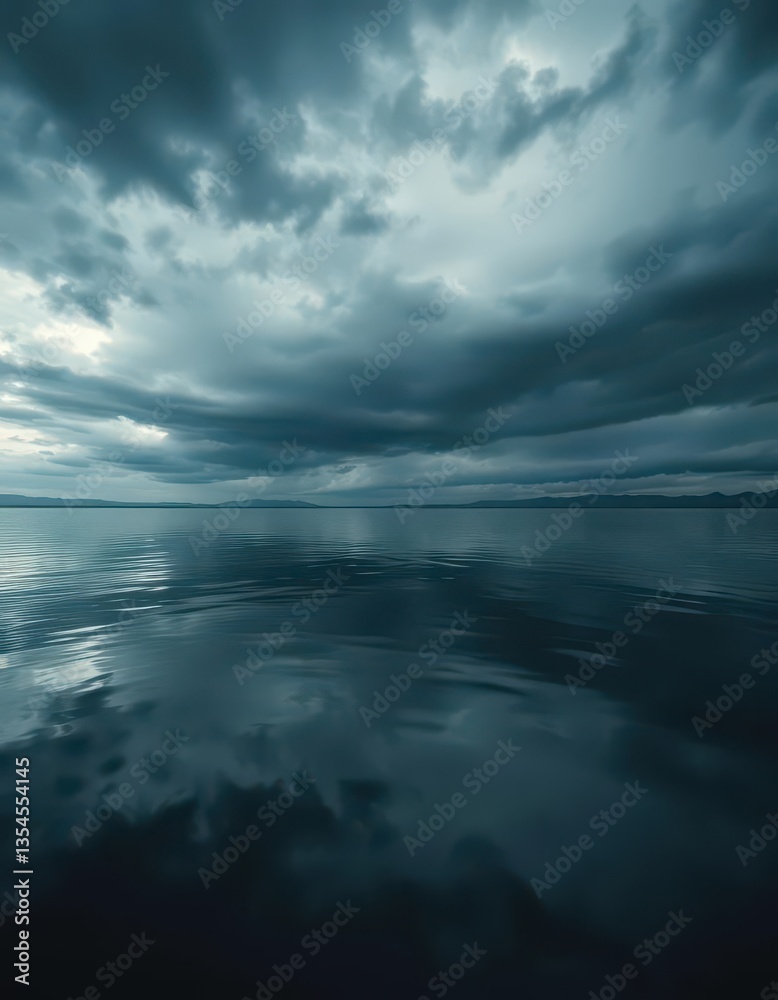 Obraz premium Dark, still water reflecting an ominous sky, subtle ripples, dark water, peaceful, moody