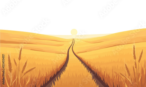 Golden wheat field path with rising sun vector graphic