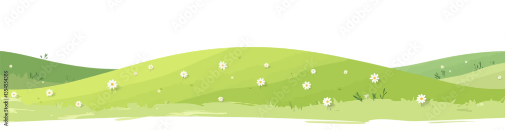 Green Hills with Daisies and White Background Green Hills with Daisies and White Background