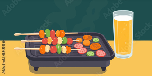 Grilled vegetable skewers with beer illustration