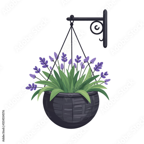 Hanging purple lavender in woven pot with bracket