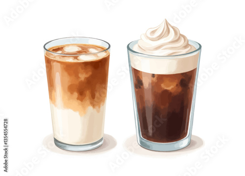 Iced latte & whipped cream cold brew watercolor art