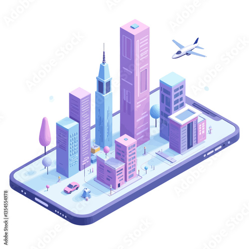 Isometric Cityscape on Mobile Phone Screen, Pastel Colors