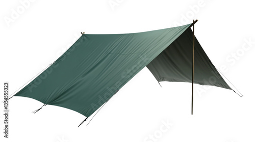 Shelter from the Elements: A durable green tarp stretched taught, providing a basic shelter against the weather. Perfect for camping, hiking, or any outdoor activity.