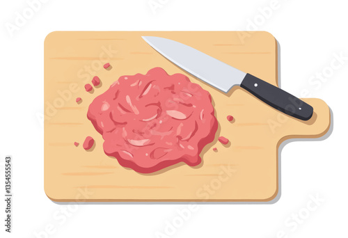 Minced Meat on a Wooden Cutting Board with Knife