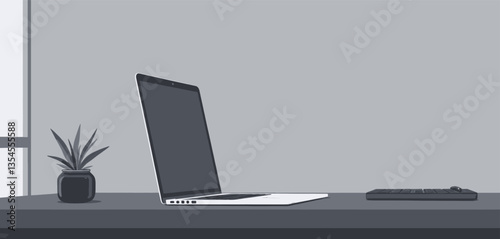 Minimalist workspace with laptop, plant, and keyboard setup