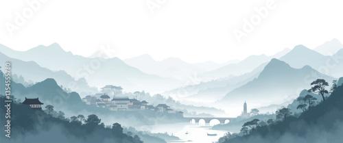 Misty Blue Chinese Mountain Village Scene