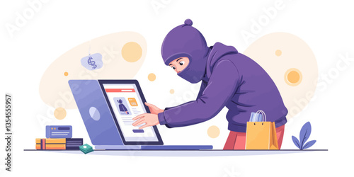 Online Shopping Scam: Hoodie Person Stealing Identity with Laptop