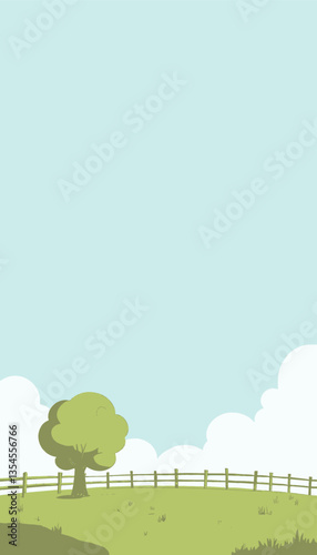 Pastoral cartoon scene of green field, tree, and white clouds