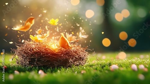 Spring rebirth, birds hatching from nest