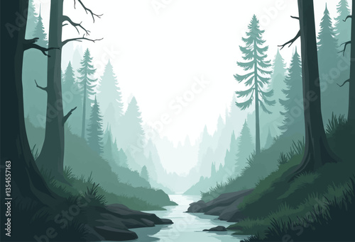 Pixel Art: Misty Forest River Scene
