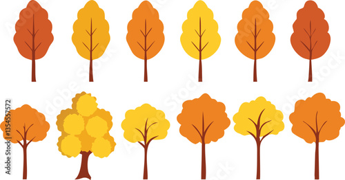 A collection of flat, cartoon-style autumn trees in various shades of orange, yellow, and brown.