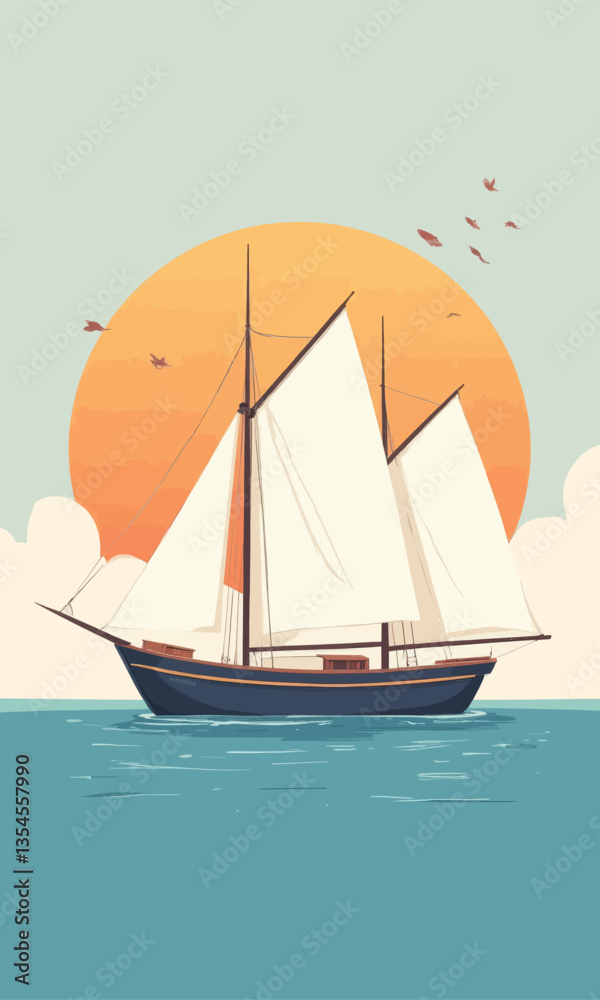 Naklejka premium Sailboat on the ocean with an orange sun backdrop