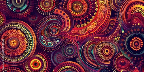 Intricate Pattern Display Ornamental Circles and Paisley Designs on Dark Backdrop