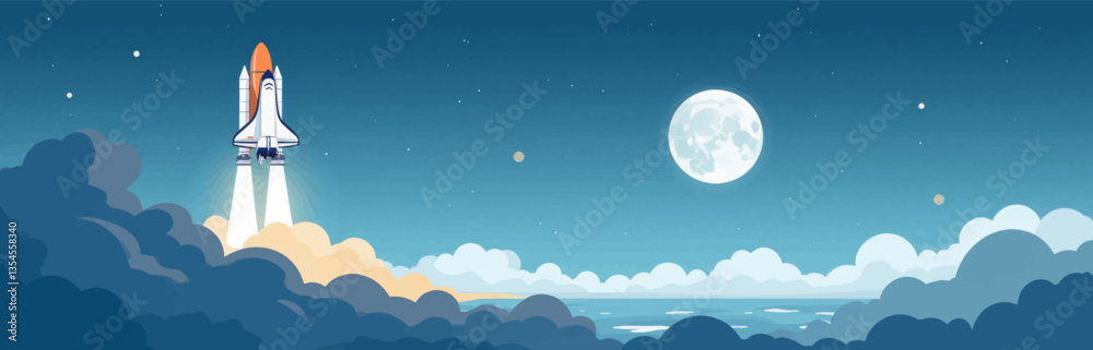 Space Shuttle Launching Near Clouds and Full Moon at Night Space Shuttle Launching Near Clouds and Full Moon at Night