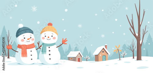 Snowy Winter Scene with Two Cheerful Snow People