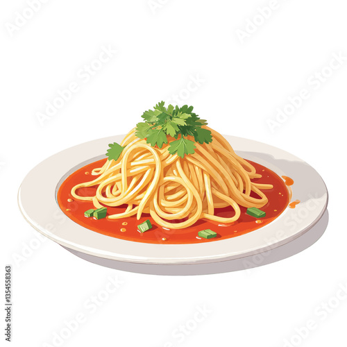 Spaghetti with red sauce, parsley, green onions on a white plate