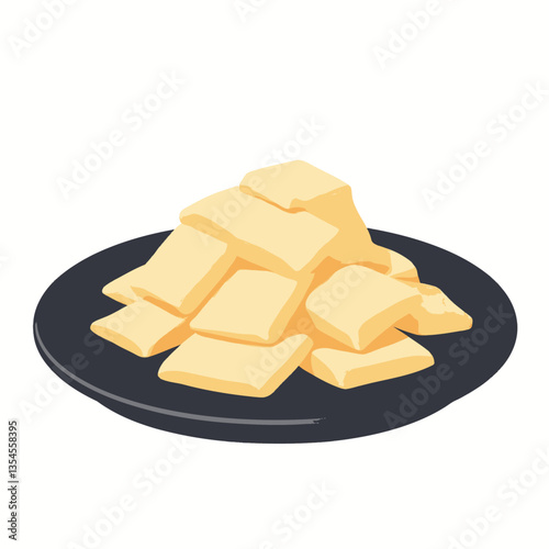 Stack of pale yellow tofu cubes on a black plate