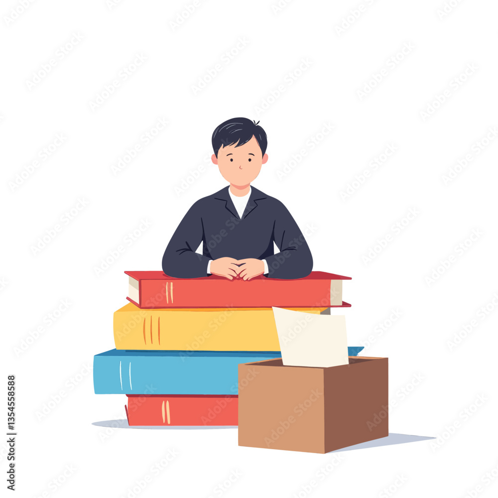 Student sitting behind stack of colorful books and suggestion box Student sitting behind stack of colorful books and suggestion box