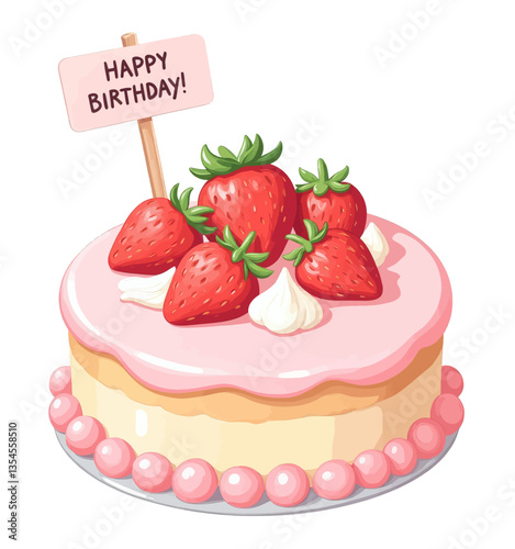 Strawberry birthday cake with pink frosting and sign