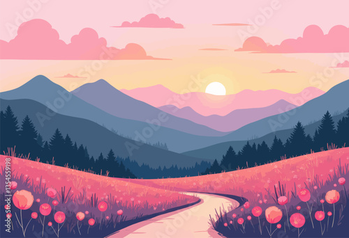 Sunset over the Pink Meadow and Blue Mountain Range