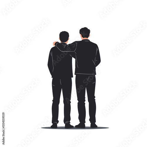 Two young men stand arm in arm, backs to viewer