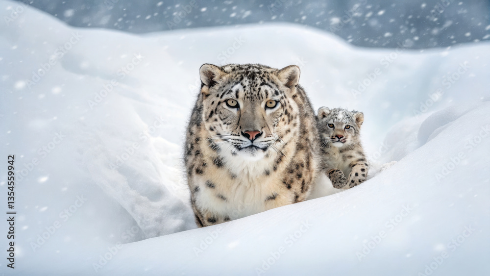 snow leopard mother walks protectively through deep snow, her cub following closely behind. serene winter landscape is filled with falling snowflakes, creating peaceful and nurturing scene snow leopard mother walks protectively through deep snow, her cub following closely behind. serene winter landscape is filled with falling snowflakes, creating peaceful and nurturing scene