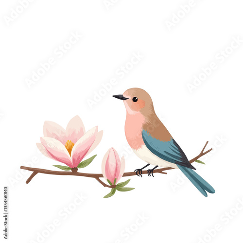 Watercolor bird perched on magnolia branch illustration
