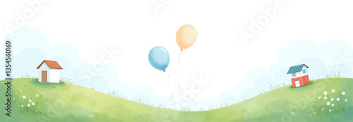 Watercolor Houses, Balloons, Rolling Green Hills Illustration