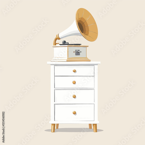 Vintage gramophone on white dresser illustration