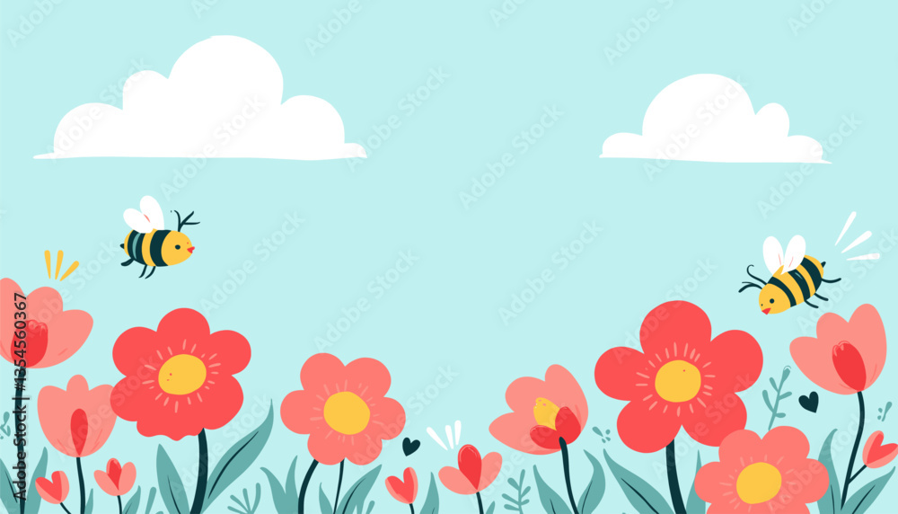 Whimsical spring flowers and bumblebees graphic art Whimsical spring flowers and bumblebees graphic art