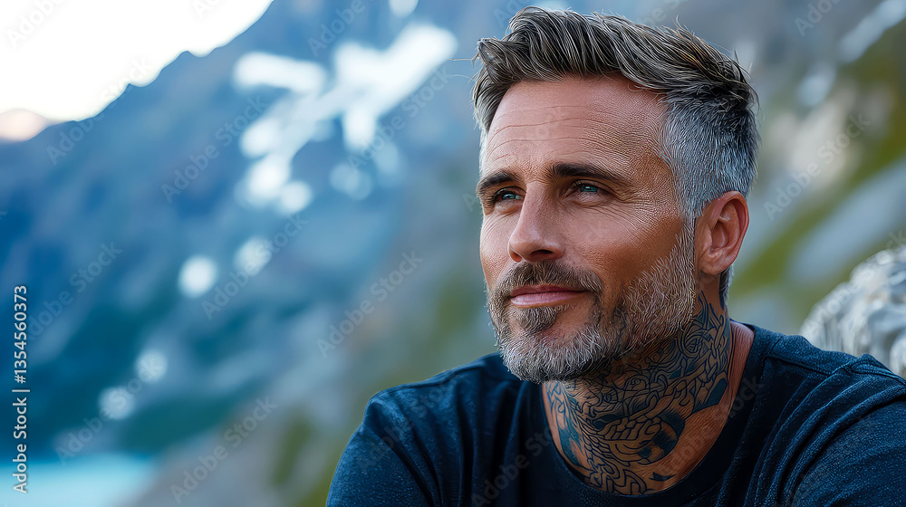 Portrait of a Handsome Man with Gray Hair and Neck Tattoo in Mountainous Landscape Portrait of a Handsome Man with Gray Hair and Neck Tattoo in Mountainous Landscape
