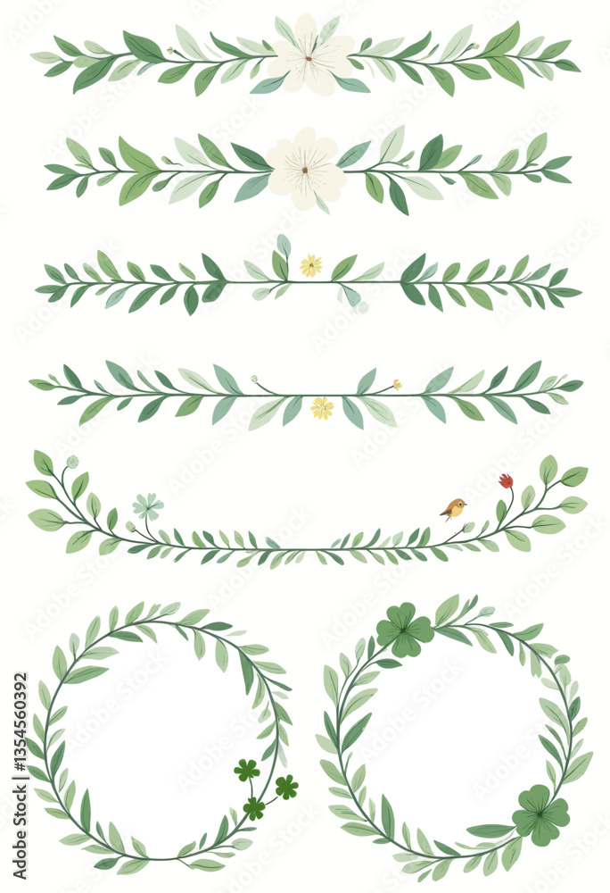 Fototapeta premium Watercolor Greenery Dividers and Clover Wreaths