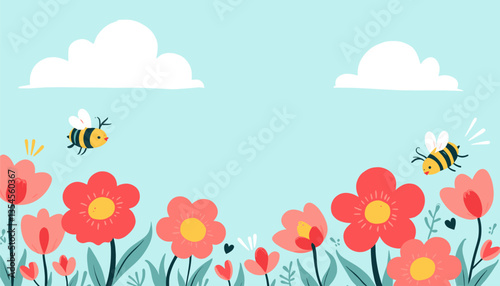 Whimsical spring flowers and bumblebees graphic art
