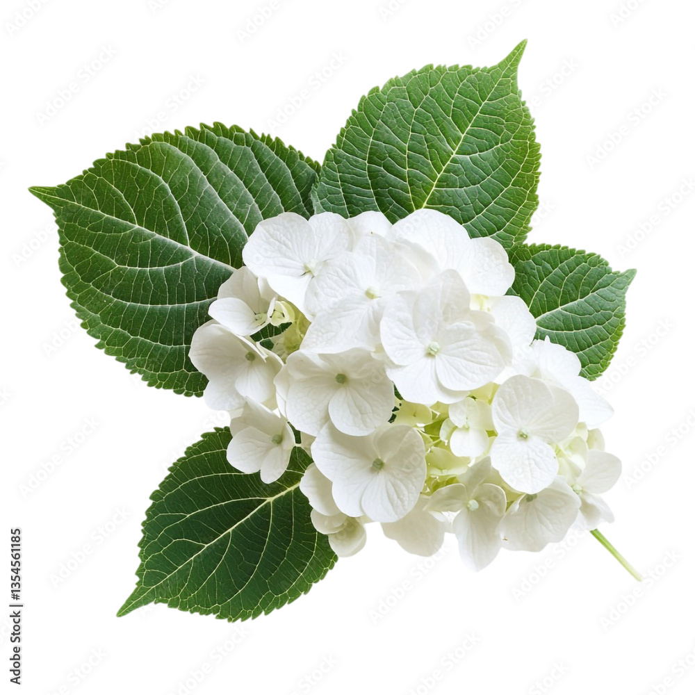 Naklejka premium White Hydrangea Bloom Green Leaves Abstract Background,