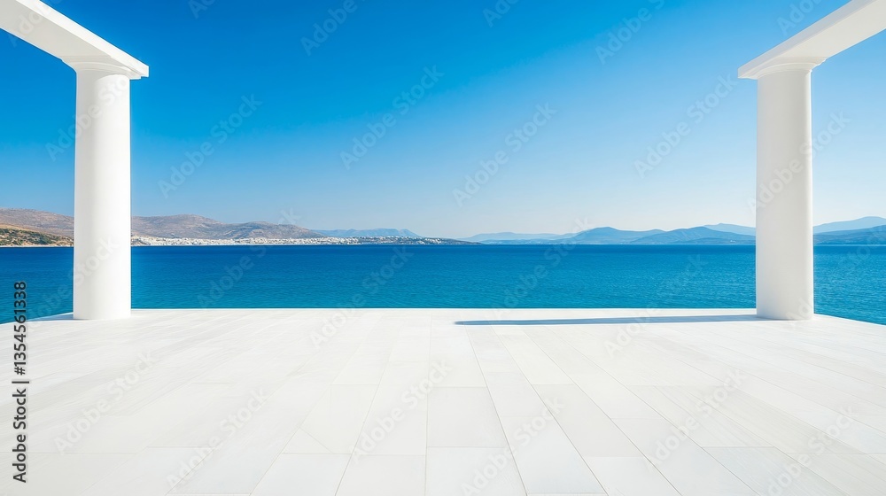 Obraz premium Serene Modern Terrace Overlooking Tranquil Blue Ocean and Sky