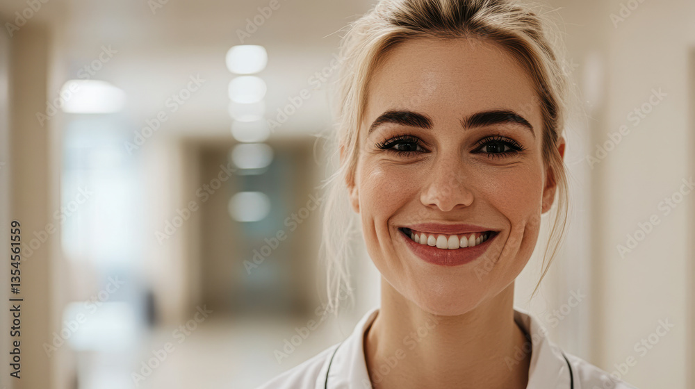 A smiling woman in a medical setting, wearing a white coat, exuding confidence and warmth in a well-lit corridor. A smiling woman in a medical setting, wearing a white coat, exuding confidence and warmth in a well-lit corridor.