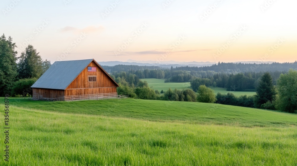 Rustic wooden barn atop a verdant hill overlooking a valley at dawn. Tranquil rural landscape bathed in soft morning light Rustic wooden barn atop a verdant hill overlooking a valley at dawn. Tranquil rural landscape bathed in soft morning light