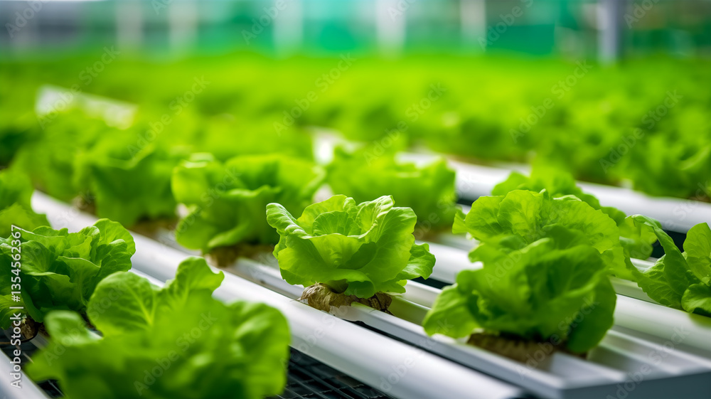 Rows of green hydroponic lettuce growing in a controlled indoor farm environment with bright lights, water pipes, and a clear view of the farming setup Rows of green hydroponic lettuce growing in a controlled indoor farm environment with bright lights, water pipes, and a clear view of the farming setup